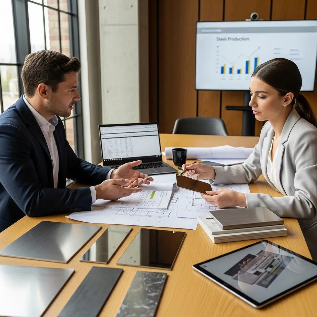 Supplier and buyer in discussion over steel procurement and quality requirements