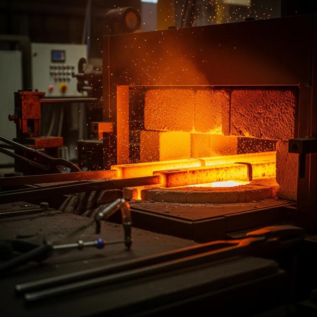 Carburizing furnace in operation, showing glowing gear blanks and industrial tooling