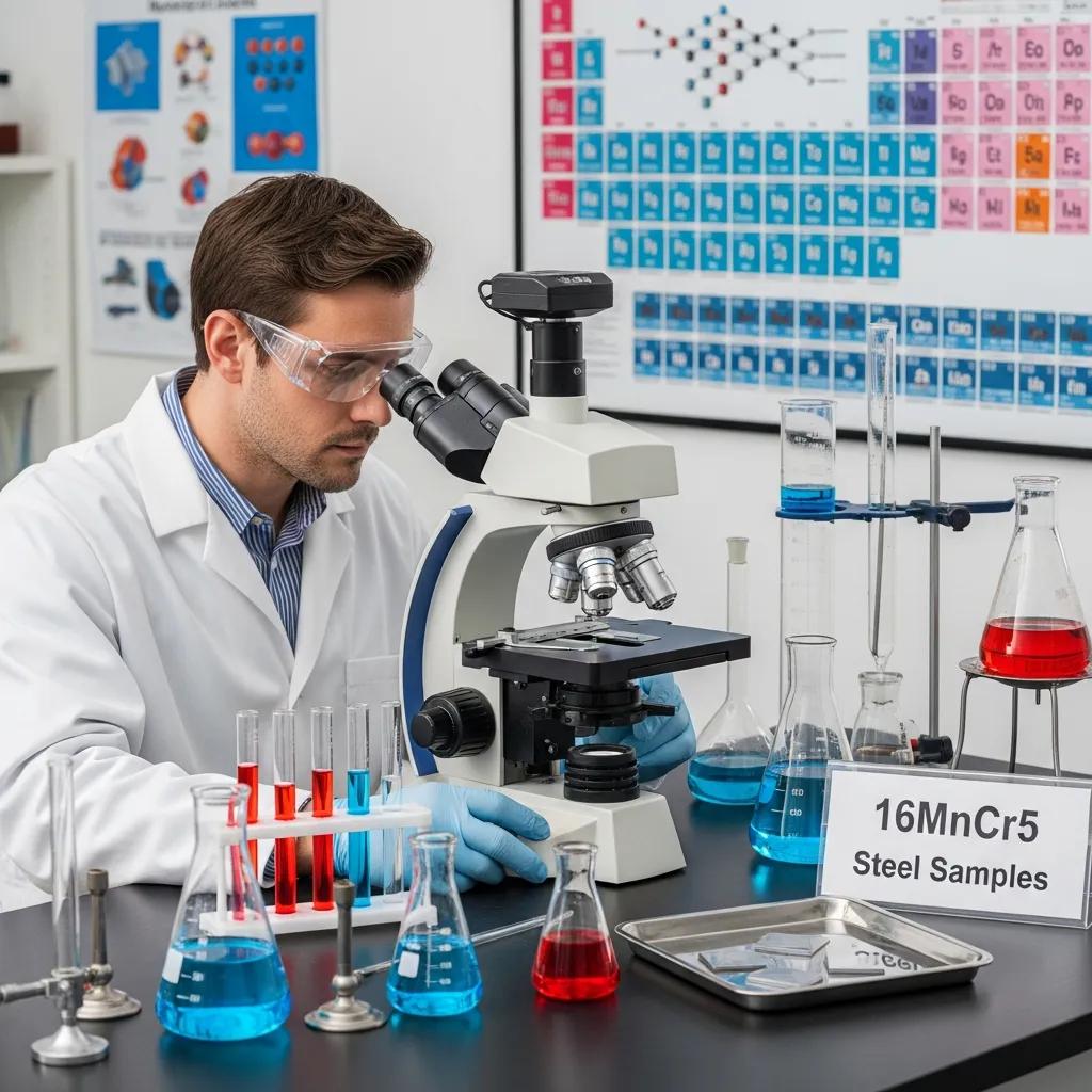 Laboratory analysis of 16MnCr5 steel samples, focusing on chemical composition