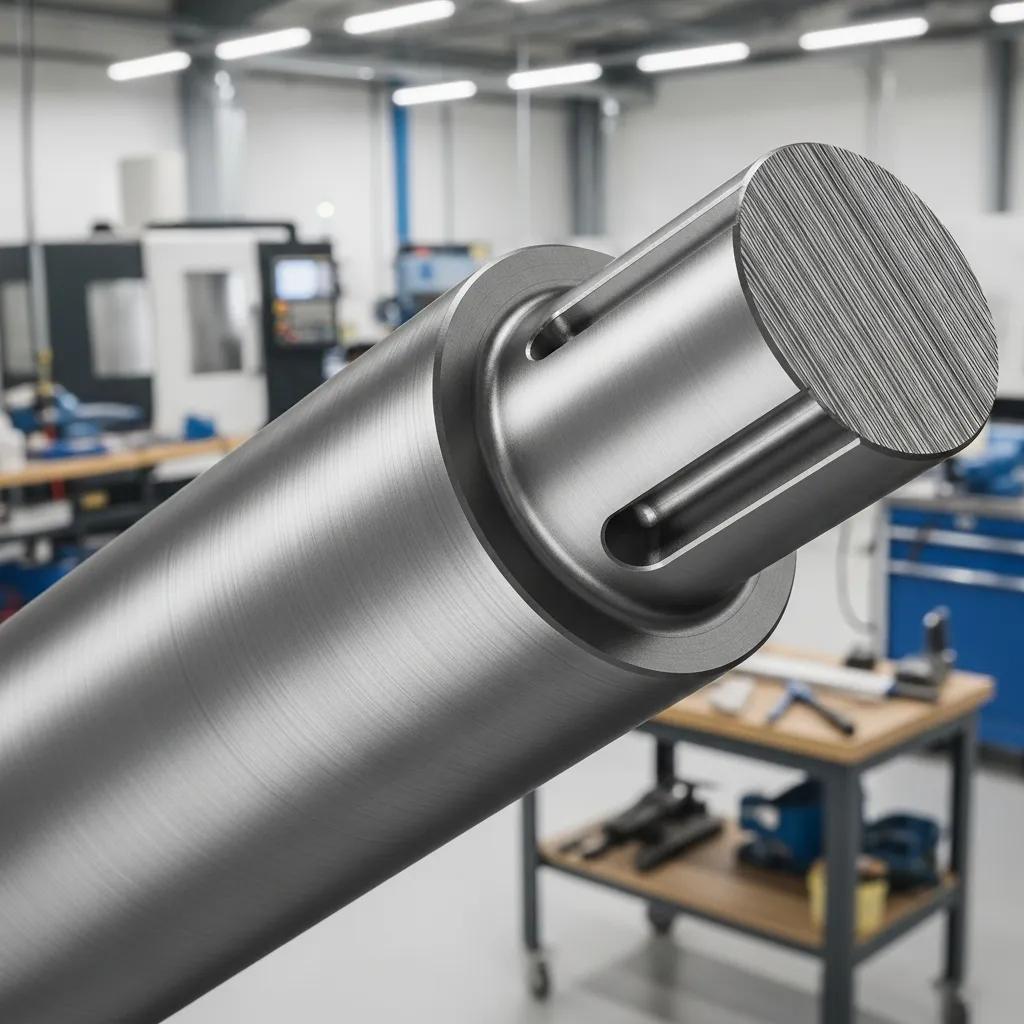 Machined SAE 4140 shaft on a workbench, showing precision surface and detail
