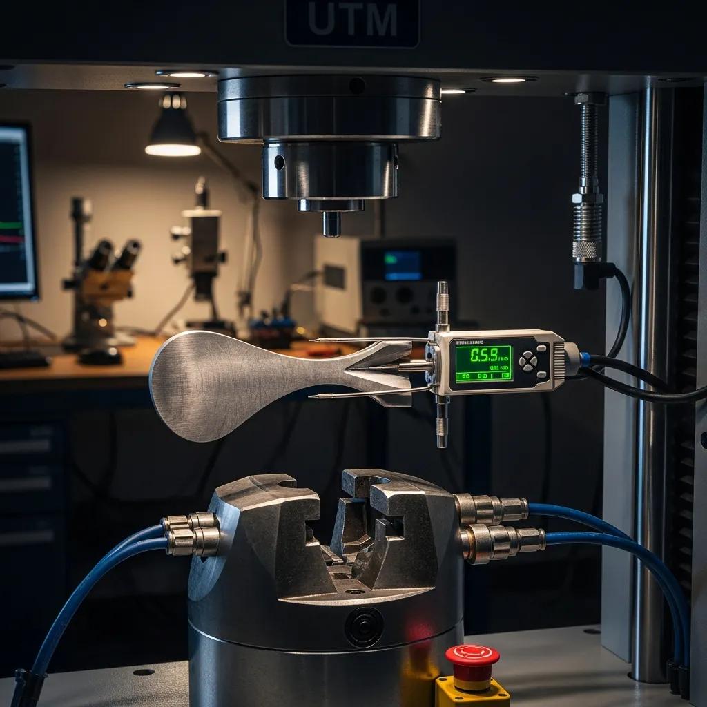 Tensile test setup with a steel specimen &mdash; verifying IS 2062 E350 mechanical properties