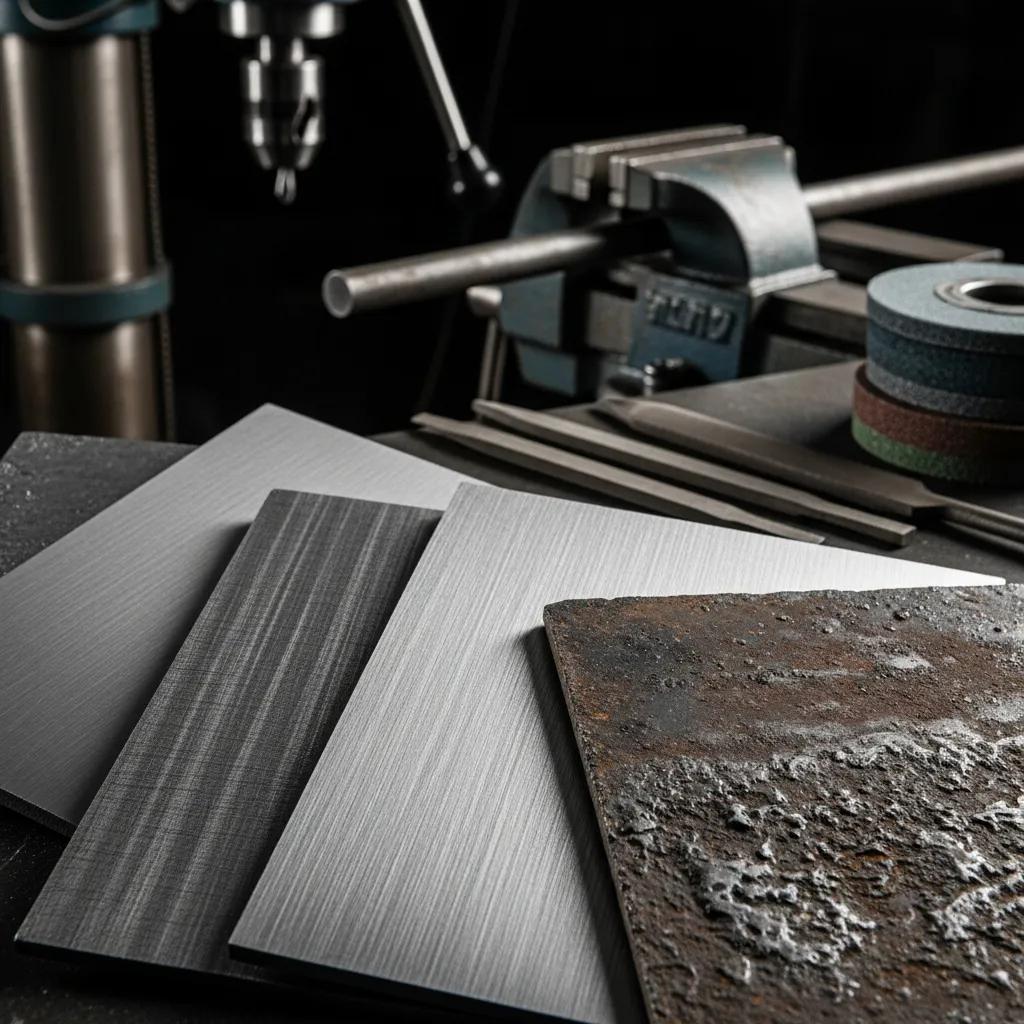 Close-up of carbon steel samples and tools in a workshop setting