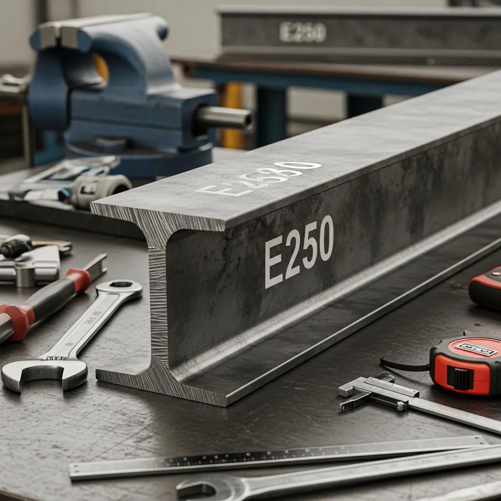 Close view of an IS 2062 E250 beam showing surface and section