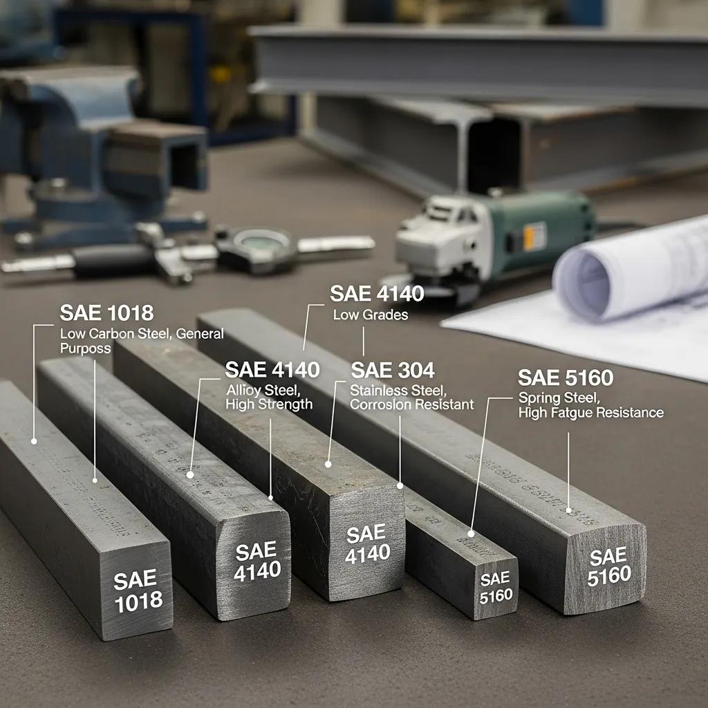 Close view of SAE-graded steel bars marked with grade numbers, ready for machining