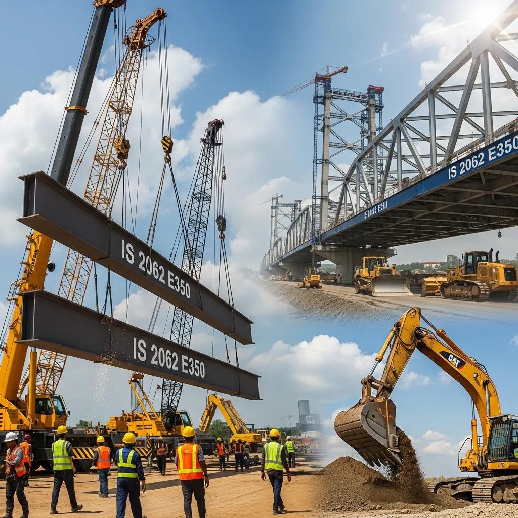 Applications montage: construction, bridgework, and heavy equipment that commonly use IS 2062 E350