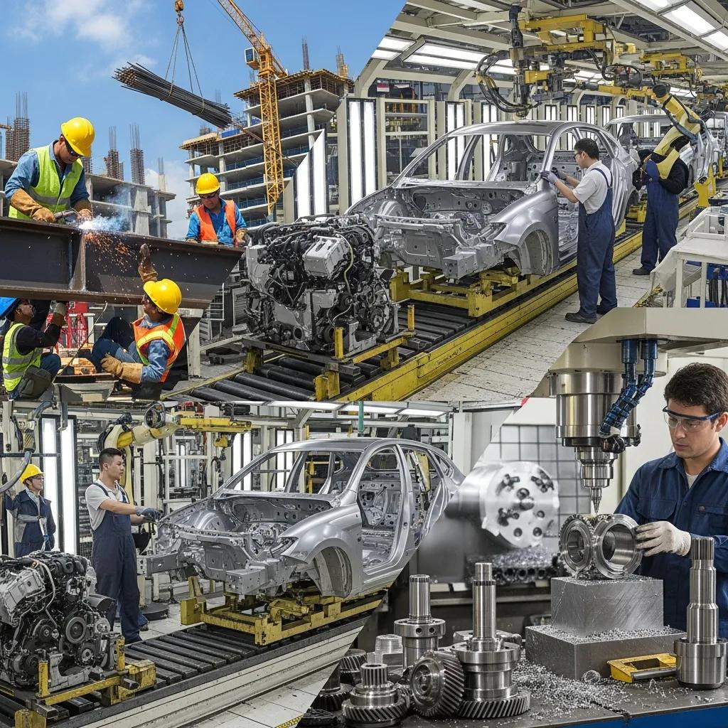 Collage showing carbon steel in construction, automotive and manufacturing applications