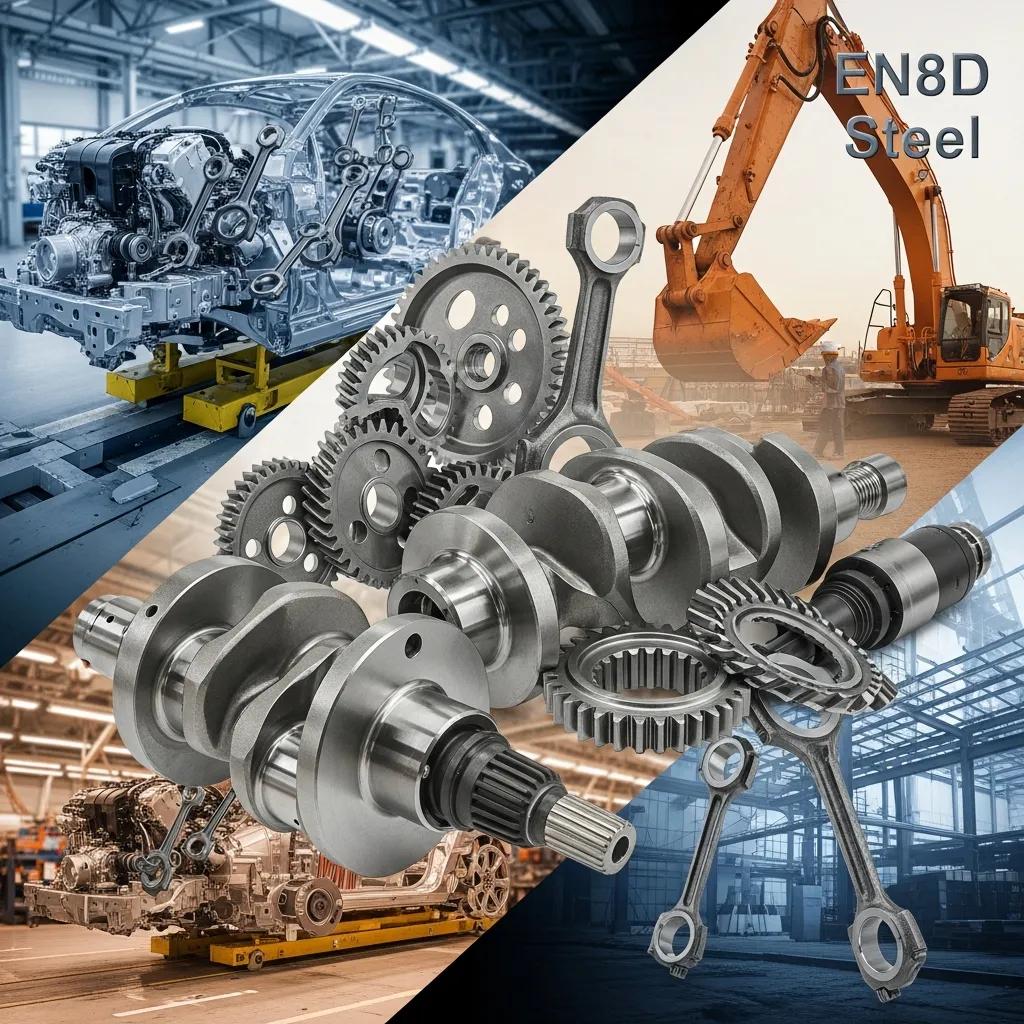 Collage of EN8D components&mdash;shafts, pins and couplings&mdash;used in automotive and construction