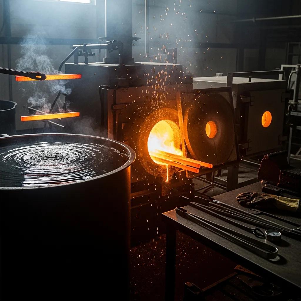 EN16 heat treatment: glowing bars in a controlled furnace