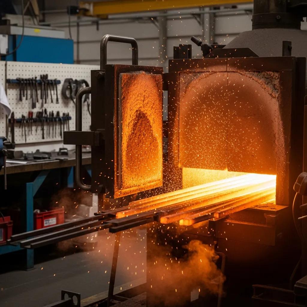 EN18 steel undergoing heat treatment &mdash; glowing bars in a furnace