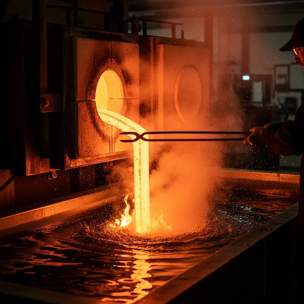 Heat treatment of EN19 bright bars, showing oil quench and surface steam