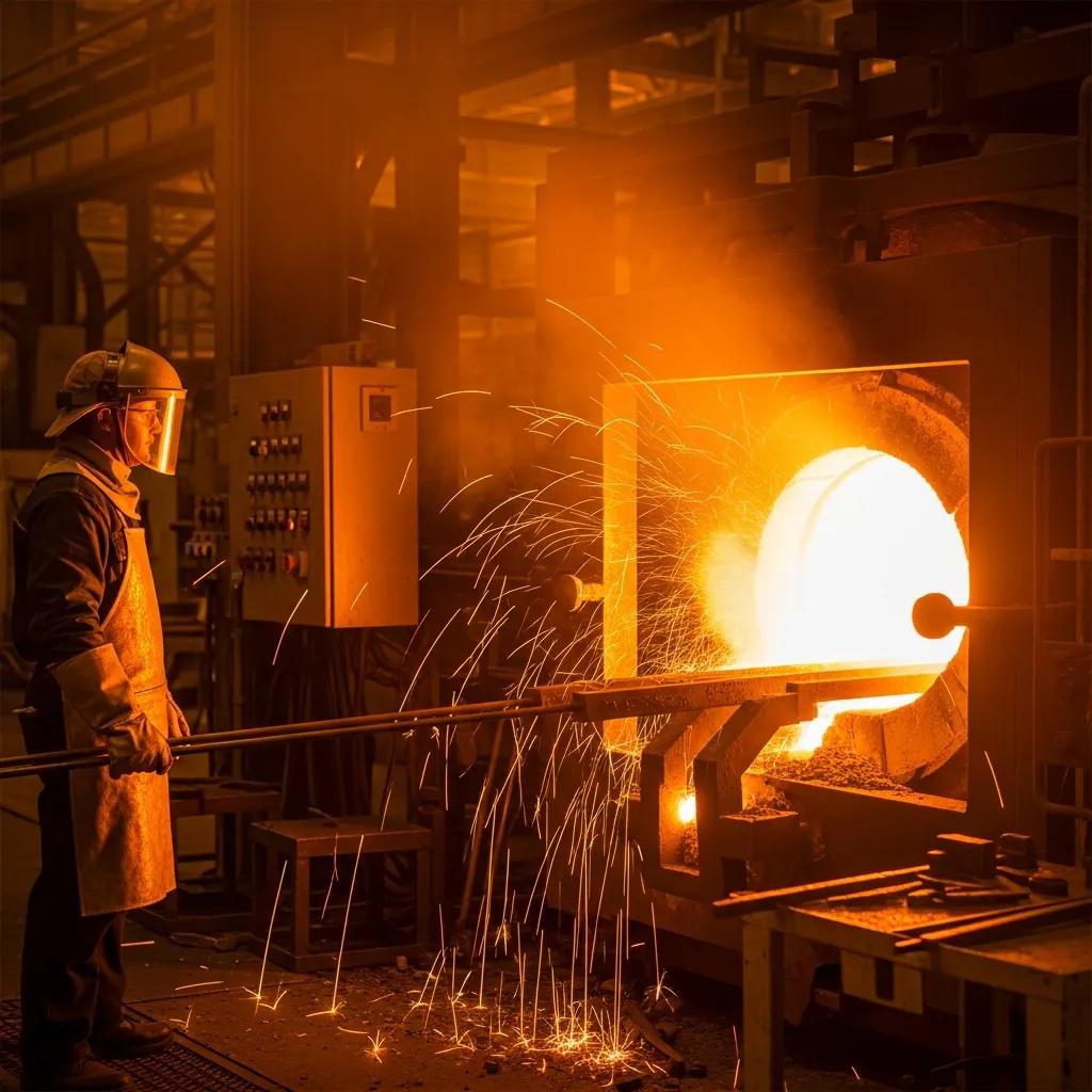 Heat treatment of SAE 4140 bars in a furnace, showing glowing stock and a technician monitoring the cycle