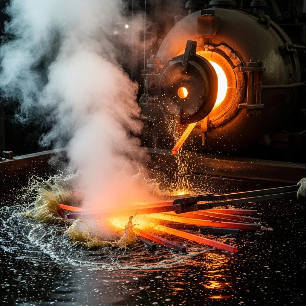 Industrial heat‑treating: glowing steel bars being quenched in oil during processing