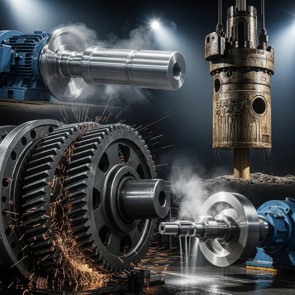 Gears, shafts and drill collars made from SAE 4140 steel staged in an industrial facility