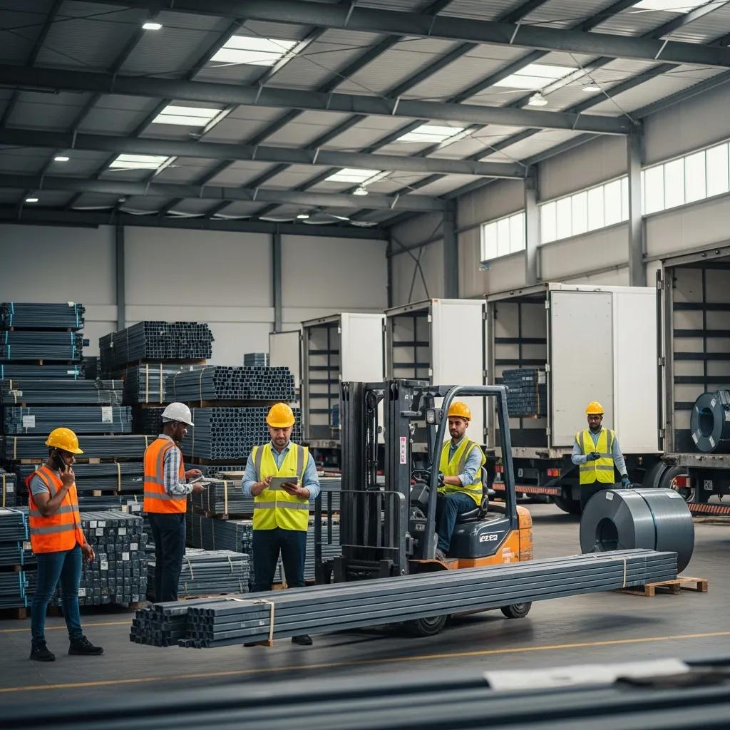 Warehouse logistics handling steel inventory to highlight supplier reliability