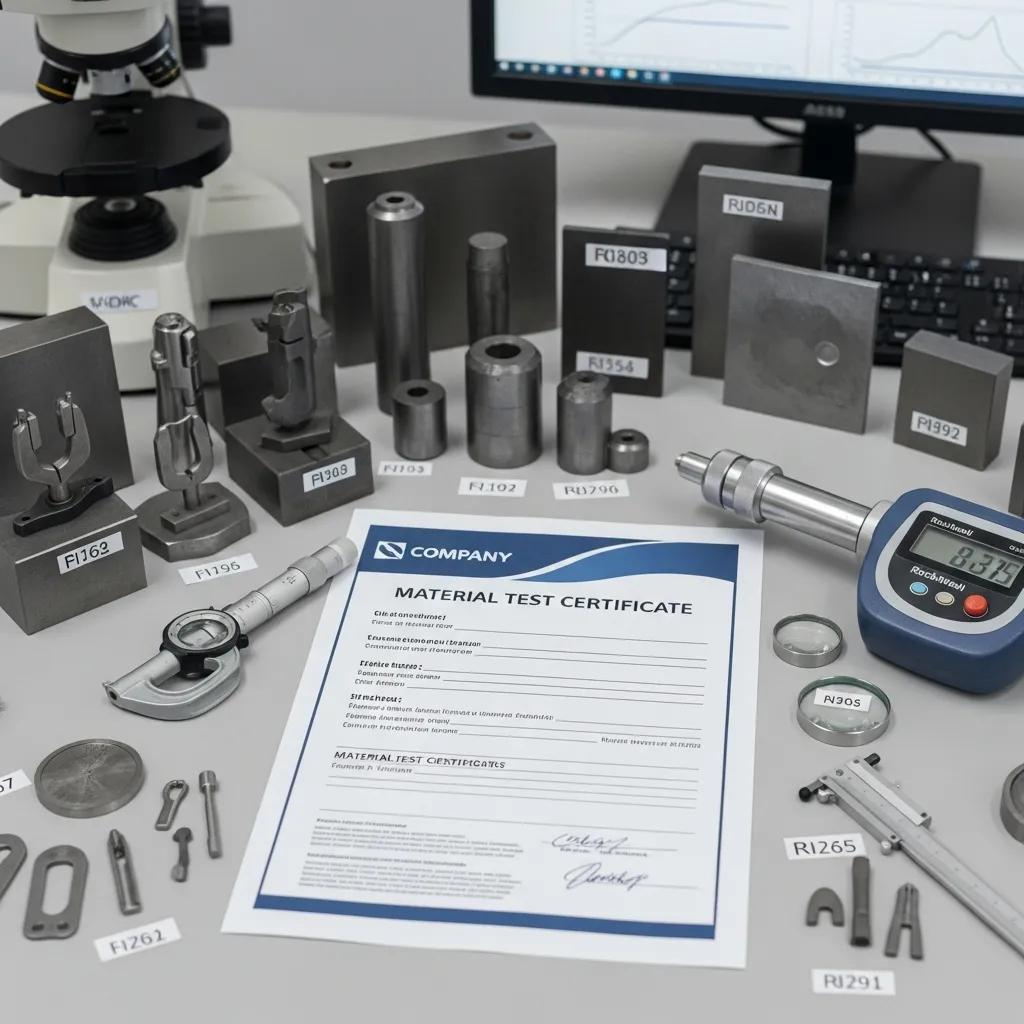 Material Test Certificate on a desk beside steel samples and testing equipment, illustrating its role in quality assurance