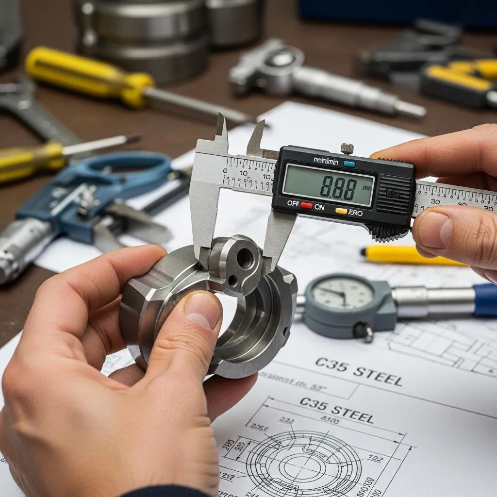 Engineer checking a C35 shaft with calipers to confirm fit and finish