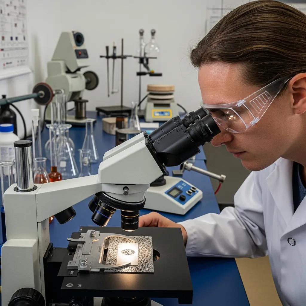 Metallurgist inspecting a C45 steel sample under a microscope in the lab