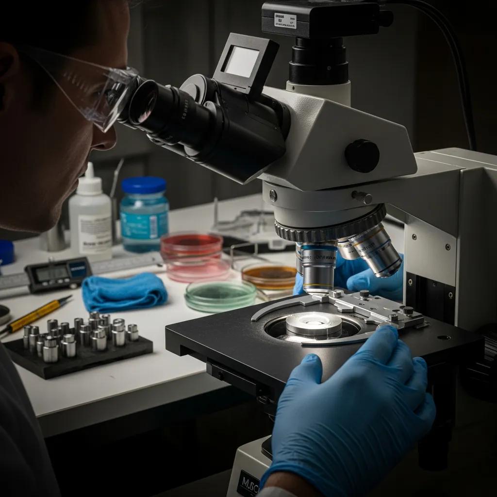 Laboratory inspection of steel samples to check microstructure and composition