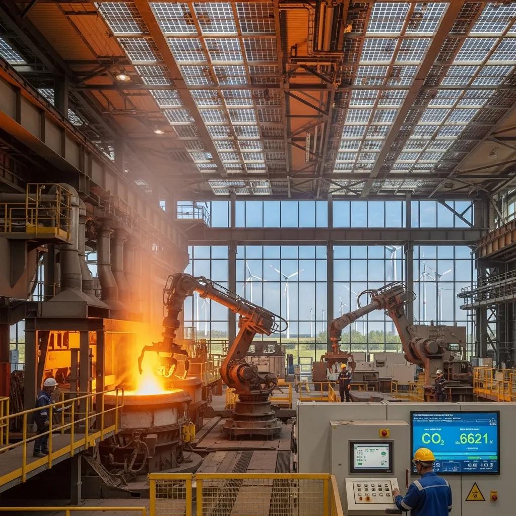 Modern steel mill with green technology elements, representing the future of sustainable steel production