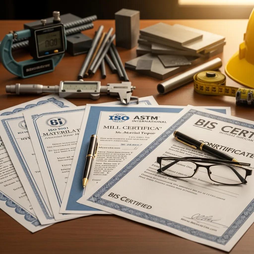 Certification documents showing ISO, ASTM and BIS standards for steel quality