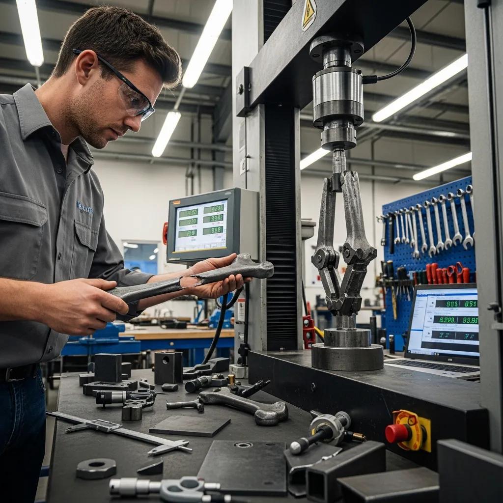 Technician inspecting steel components in a workshop, focusing on mechanical testing and quality