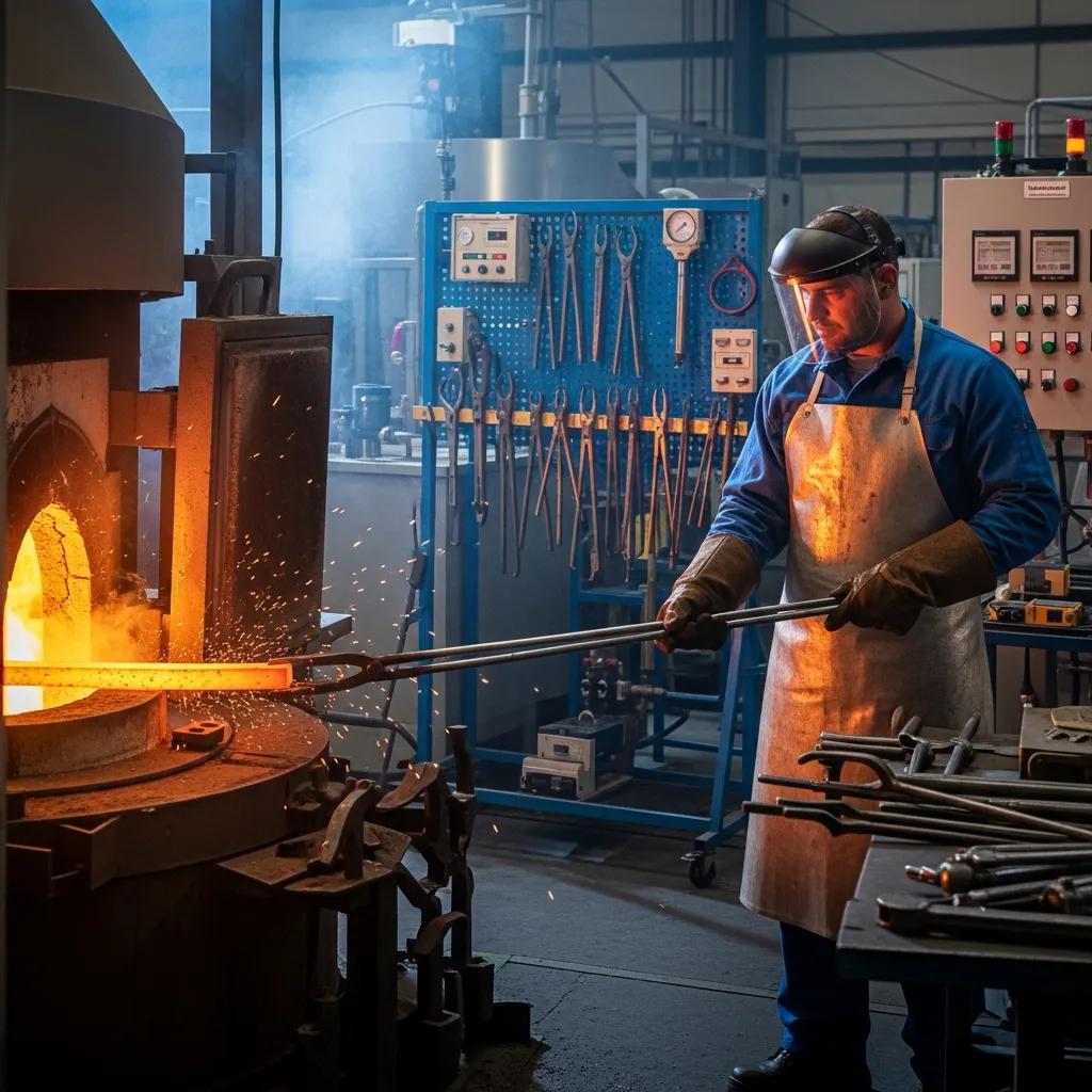Technician monitoring the heat‑treatment cycle for 16MnCr5 in an industrial furnace