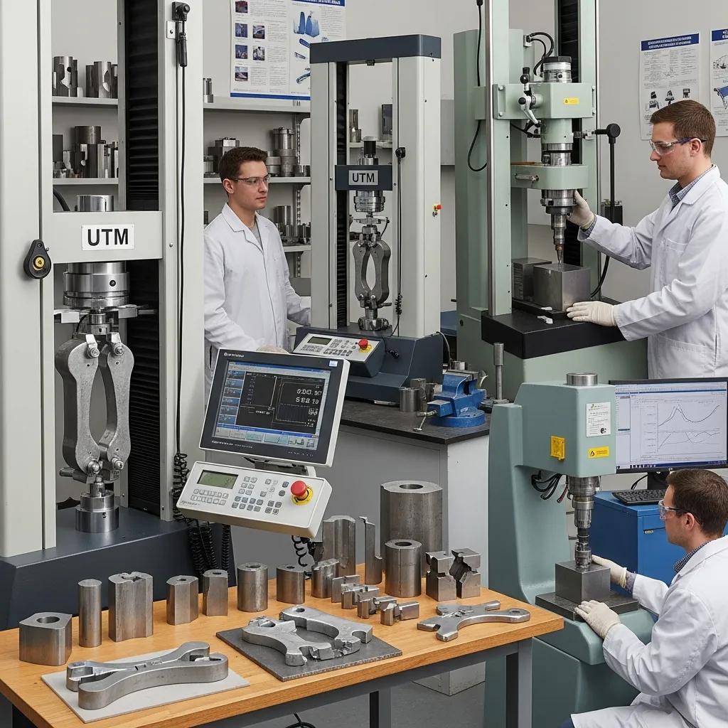 Technicians performing mechanical tests on SAE 1030 steel samples in a lab