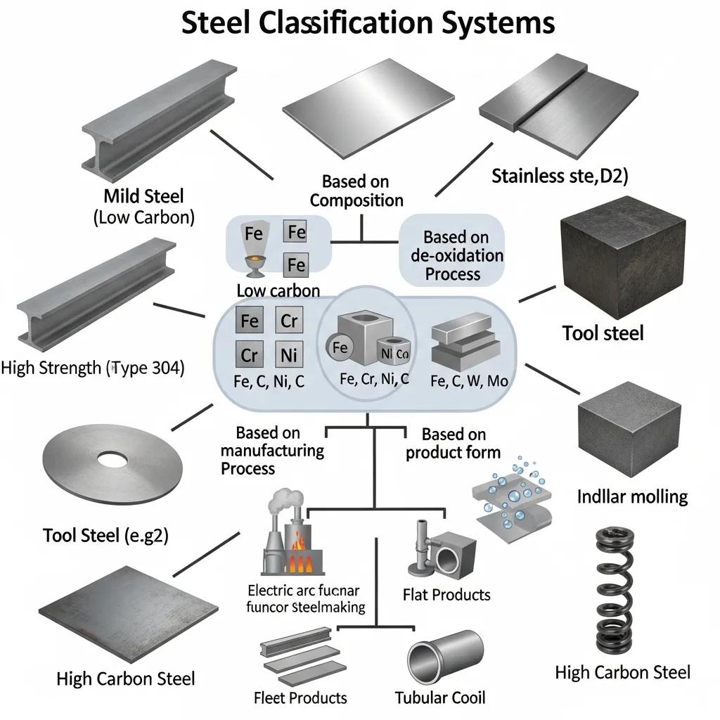 Diagram showing major steel classification systems such as SAE, ASTM, EN and JIS